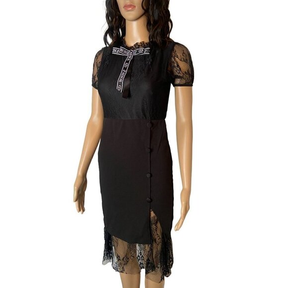 Zara Basic Lace Knee Length Sheath Dress J'adior Bow Black Size Small - Picture 3 of 8